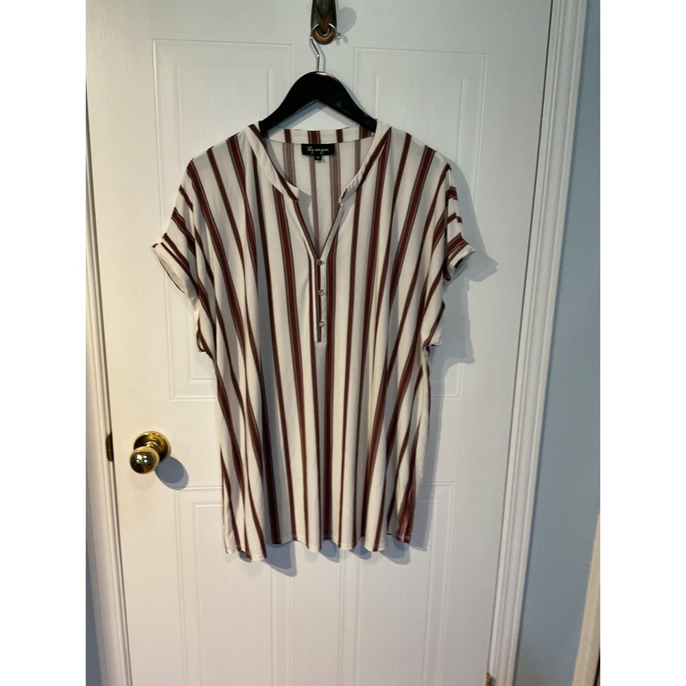 Lily Morgan Blouse Womens 2X White Burgundy Excellent Striped Henley Top